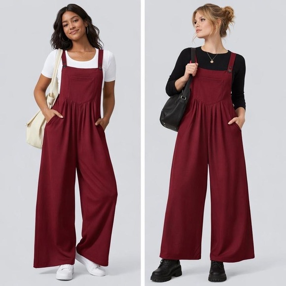 HALARA Pants - Halara Pockets Waffle Casual Overalls Red Wide Leg Sz S Dopamine Athleisure